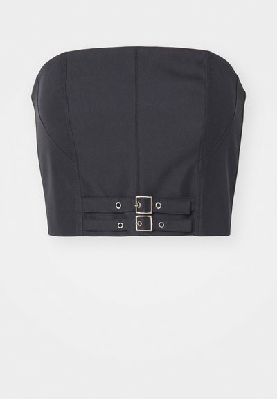 Μαύρο crop top χωρίς τιάρες με δομημένο μπούστο, που διαθέτει λεπτομέρειες ραφής και διπλούς μεταλλικούς γάντζους μπροστά για κλείσιμο.