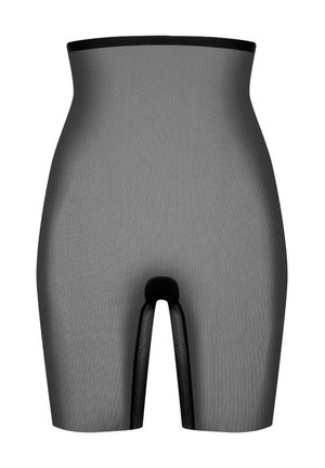 Shorts neri a vita alta modellanti realizzati in materiale liscio ed elasticizzato, con un design aderente, fondo aperto e cintura elastica.