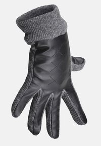 Odinis pirštinės su tamsiai pilku megztu rankoviu. Yra tekstūruotas odos delnas, sustiprintos siūlės ir tvirtas prigludimas aplink riešą.