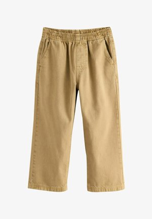 Pantaloni scurți bej, cu talie elastică, două buzunare laterale și o textură netedă din bumbac. Prezintă cusături îngrijite pe margini.