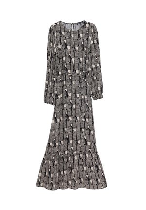 Robe longue à manches longues présentant un motif en vagues noir et blanc, avec une taille froncée, une jupe fluide et un ourlet à volants subtil.