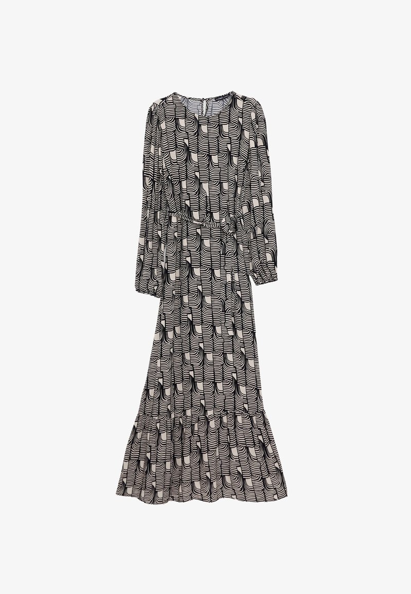 Robe longue à manches longues présentant un motif en vagues noir et blanc, avec une taille froncée, une jupe fluide et un ourlet à volants subtil.