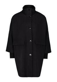 Czarny oversize płaszcz z wysokim prążkowanym kołnierzem, czterema dużymi guzikami i dwoma przednimi kieszeniami. Wykonany z gładkiego, teksturowanego materiału.