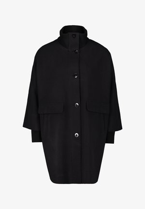 Zwarte oversized jas met een hoge geribbelde kraag, vier grote knopen en twee voorzakken. Gemaakt van een soepele, gestructureerde stof.