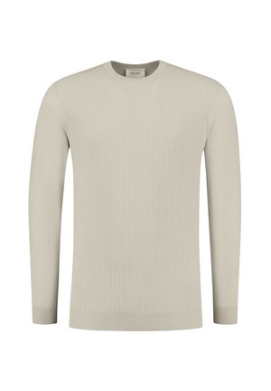 Hellbeige gestrickter Pullover mit langen Ärmeln, gerippter Textur und Rundhalsausschnitt. Verfügt über einen taillierten Saum und Bündchen für eine enganliegende Passform.