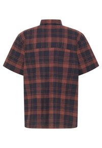 Kurzarm-Wollhemd im dunkelblauen und rostfarbenen Karomuster, mit quadratischem Muster, Button-Down-Kragen und einem Rückenpasse-Detail.