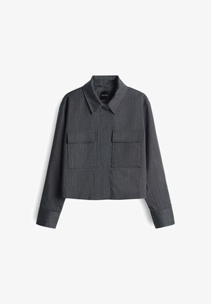 Grey, cropped long-sleeve shirt with a pointed collar, two front pockets, and a subtle pinstripe pattern. Smooth texture and tailored design.