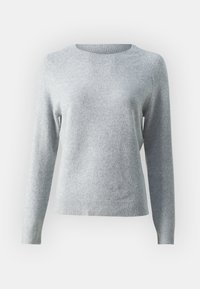 Szary sweter wykonany z miękkiego materiału, z okrągłym dekoltem, długimi rękawami oraz ściągaczami na mankietach i u dołu. Gładka faktura z minimalnym zdobieniem.
