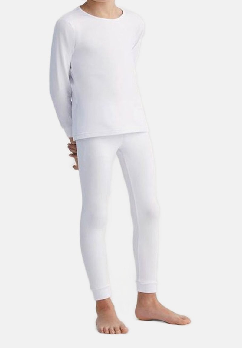 Conjunto de camiseta de manga larga blanca y leggins para niños, fabricado en algodón suave, que presenta un diseño sencillo con cuello redondo y puños ajustados.