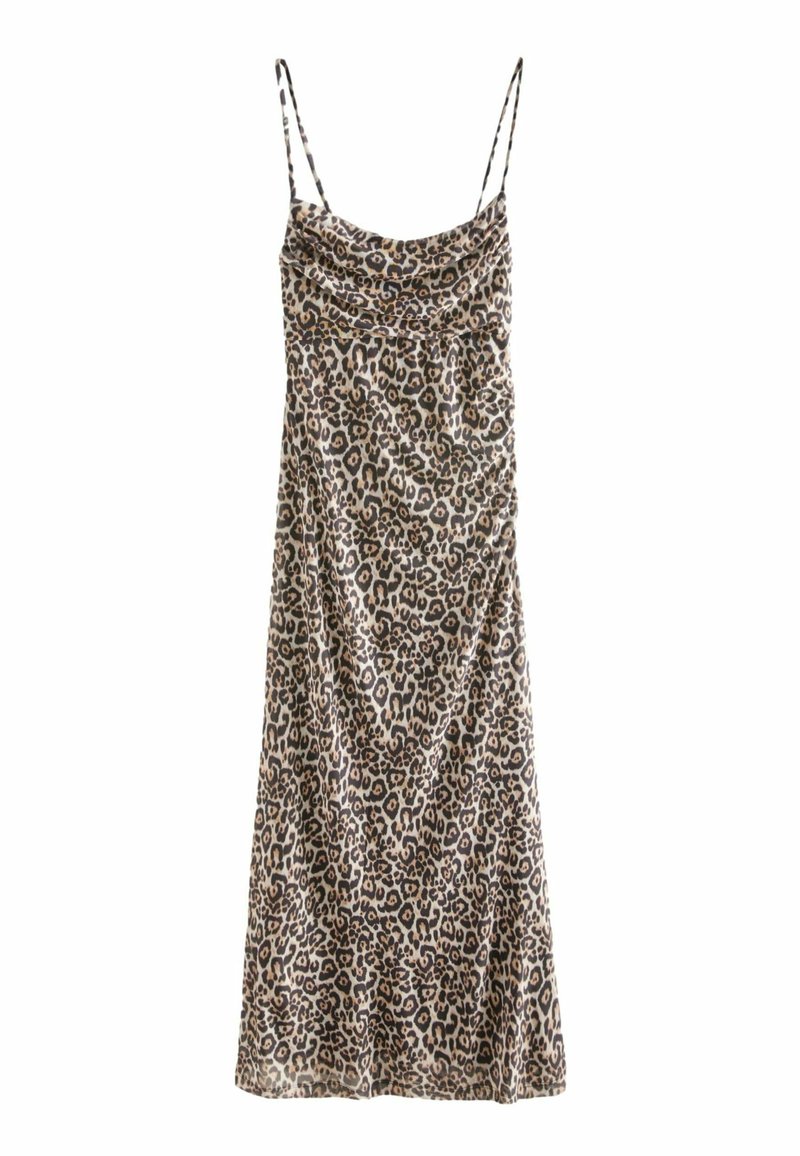 Robe midi sans manches à fines bretelles avec imprimé léopard marron, beige et noir sur tissu léger.