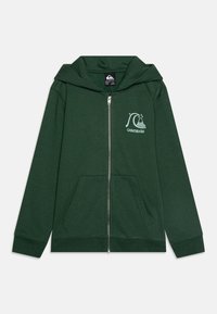 Mørkegrønn hettegenser med glidelås, frontlommer, hette og lys blå Quiksilver-logo på venstre bryst.