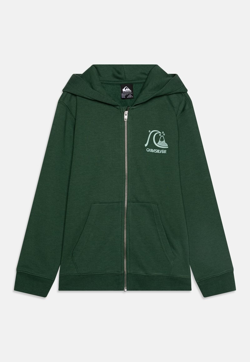 Mørkegrønn hettegenser med glidelås, frontlommer, hette og lys blå Quiksilver-logo på venstre bryst.