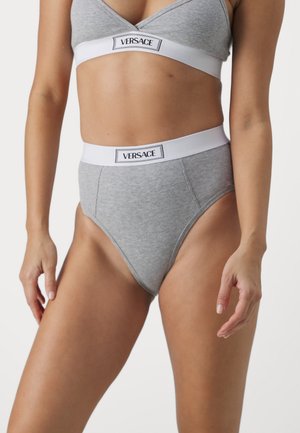 Gray cotton blend high-waisted briefs with a ribbed texture and a white elastic waistband featuring a black logo detail.