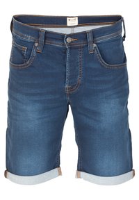 Denim shorts in a dark wash with rolled cuffs, featuring five pockets, contrast stitching, and a button closure at the waist.