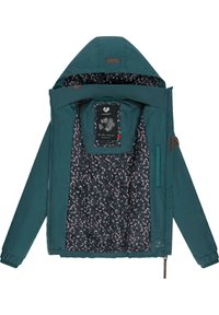 Teal jasje met capuchon, voorzien van een bloemenpatroon aan de binnenzijde. Inclusief zijzakken en ritsdetails. Label binnenin bevestigd.