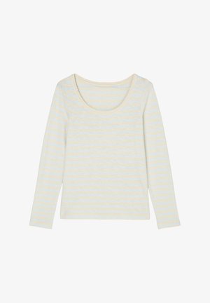 Long-sleeve top in light beige with blue horizontal stripes, featuring a scoop neckline and soft, lightweight fabric texture.