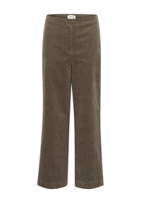 Brown corduroy trousers with a wide-leg design, featuring vertical ribbing texture and a mid-rise waistband. No visible fastenings or pockets.