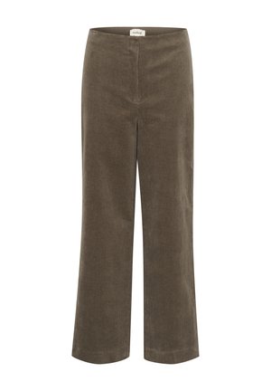 Brown corduroy trousers with a wide-leg design, featuring vertical ribbing texture and a mid-rise waistband. No visible fastenings or pockets.