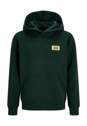 Sweat à capuche vert foncé avec manches longues et petit logo rectangulaire jaune Jack & Jones sur la poitrine gauche.