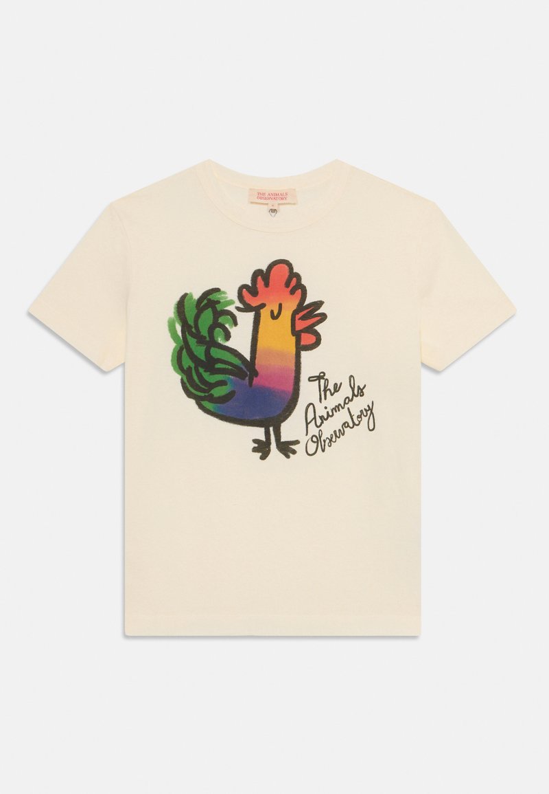Cremfarbendes Baumwoll-T-Shirt mit einer stilisierten Illustration eines Huhns in lebendigen Regenbogenfarben und dem Text "The Animals Observatory".