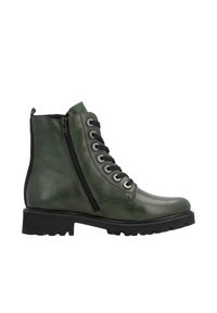 Bottines en cuir vert avec bout arrondi, lacets noirs, fermeture éclair sur le côté et semelle robuste. Texture lisse avec œillets métalliques.