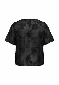 Zwarte doorschijnende kortermige blouse met bloemrijke borduursels en een kleine keyhole knoopsluiting aan de achterkant van de hals.