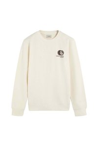 Sudadera de color crema hecha de un tejido suave, con cuello redondo, mangas largas y un gráfico impreso de un balón de baloncesto con texto.