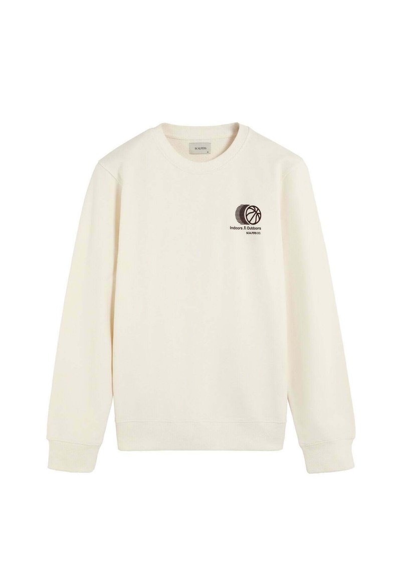 Sudadera de color crema hecha de un tejido suave, con cuello redondo, mangas largas y un gráfico impreso de un balón de baloncesto con texto.