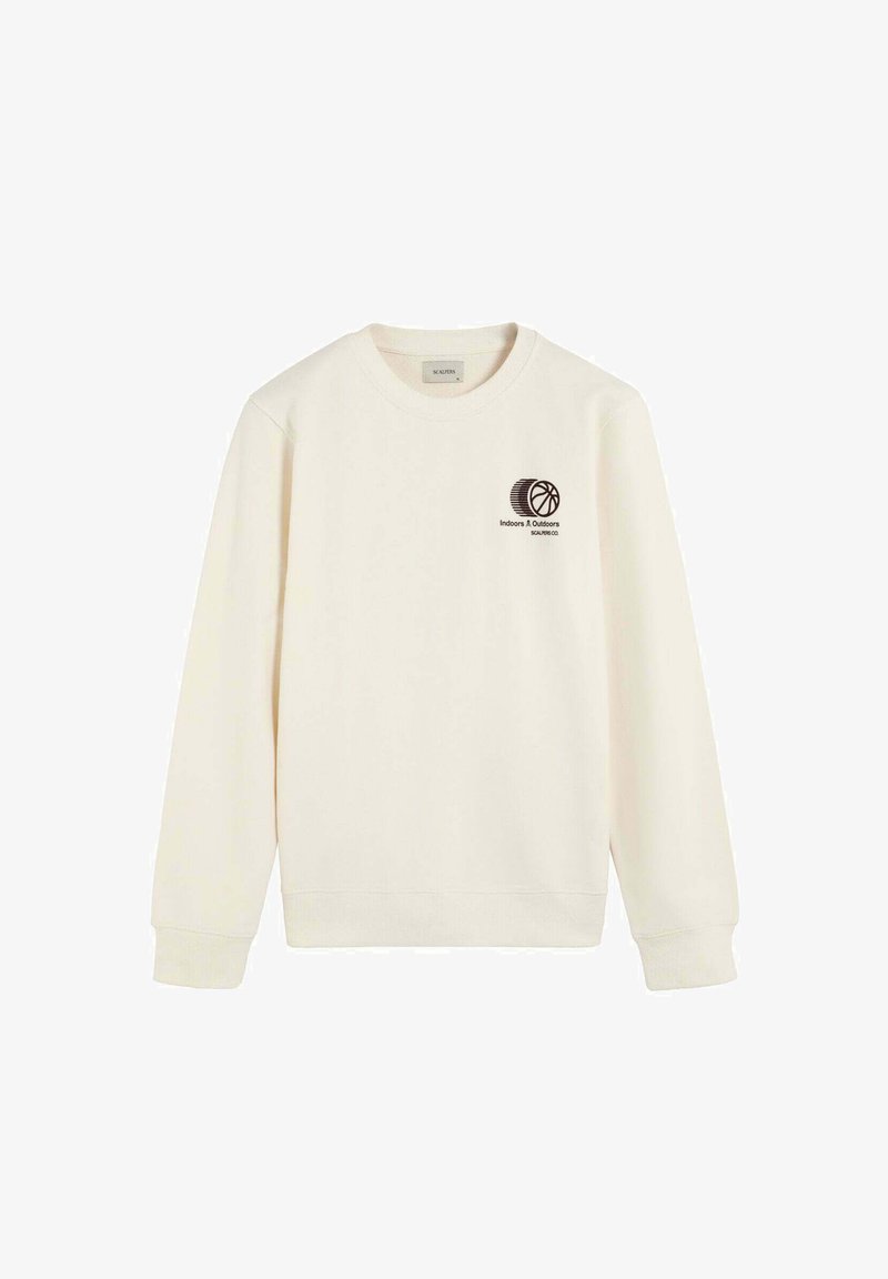 Sudadera de color crema hecha de un tejido suave, con cuello redondo, mangas largas y un gráfico impreso de un balón de baloncesto con texto.
