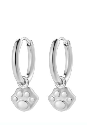 Silver hoop earrings with small dangling charms shaped like animal paw prints.