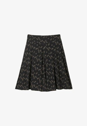 Melna ceļgalu garuma svārki ar mazu bēšu apļu ziedu rakstu un platu jostasvietu, kroku dizains platumam.