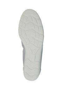 Suela de zapato blanca con un patrón texturizado y ondulado y un logo de mariposa. Hecha de goma, con forma redondeada y bordes definidos.