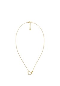 Nježna zlatna ogrlica s privjeskom u obliku srca ukrašenim malim prozirnim kamenčićima i podesivim kopčom na lancu.