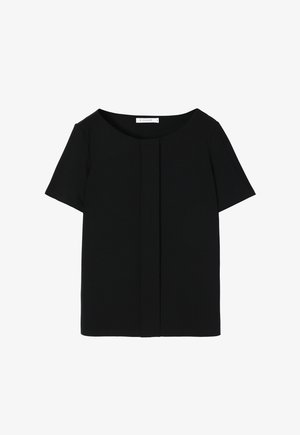 Črna majica s kratkimi rokavi in okroglo ovratnikom, ki ima osrednji gubani detajl. Narejena iz gladkega materiala z ohlapnim krojem.