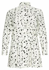 White blouse with a black abstract pattern, featuring long sleeves, a collared neck, button closure, and a flared hemline.