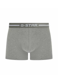 Gray cotton boxer shorts with a snug fit, featuring a soft waistband with "G-STAR" logo and horizontal stripes. Smooth texture, minimal design.