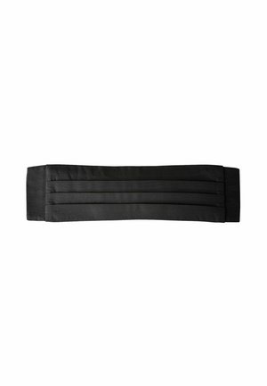 Black fabric headband with pleated design, smooth texture, and solid color. Features a wide shape with folded ends for secure fit.