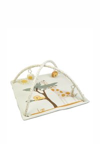 Soft play mat with a light, patterned surface featuring a tree design and animal motifs. Dual arches support hanging toys. Colors include beige and mustard.