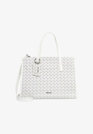 Weißer Handtasche mit geometrischen Mustern, glatter Textur, zwei Griffen und einem abnehmbaren Etikett. Enthält einen langen Riemen und silberne Hardware-Akzente.