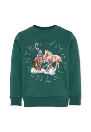 Felpa verde scuro con grafica centrale di due cowboy a cavallo e testo a puntini intorno con la scritta Stella McCartney.