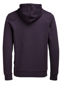 Sudadera morada hecha de tela suave, con un bolsillo frontal tipo canguro, puños acanalados y capucha con cordón. Espalda lisa sin etiquetas visibles.