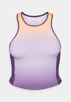 Débardeur de sport sans manches dégradé orange à violet, présentant un design ajusté et des bords contrastants violets. Idéal pour les vêtements de sport.