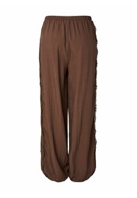 Pantalon marron ample avec taille élastique et bordure en dentelle le long des côtés extérieurs, froncé aux chevilles.