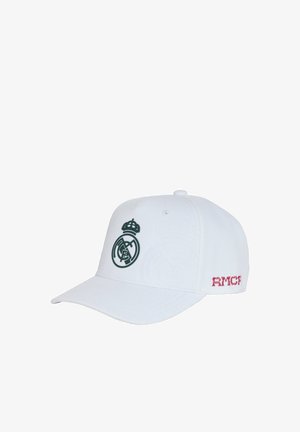 Casquette de baseball blanche avec le logo noir du Real Madrid à l'avant et broderie rouge "RMCP" sur le côté.