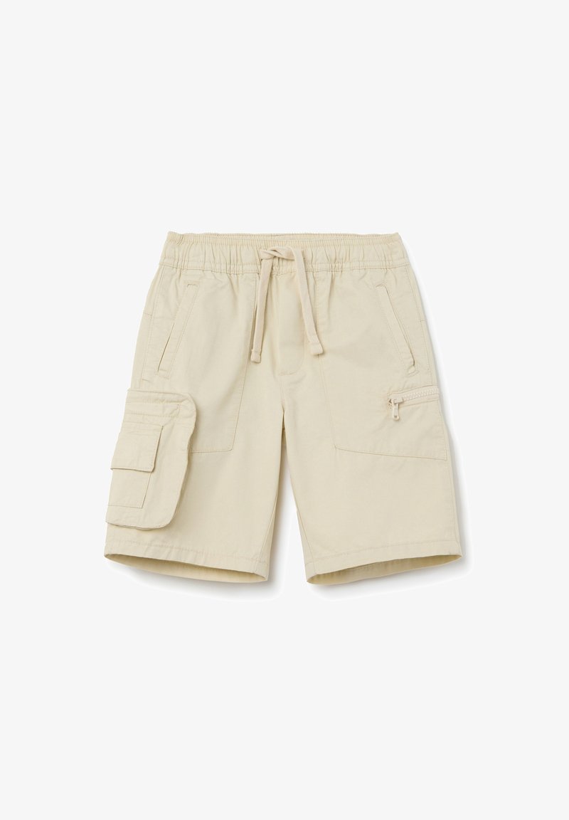 Beige cargoshorts met een elastische tailleband en een koord. Voorzien van zijzakken en een ritszak op de dij. Katoenen materiaal.