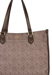 Brun tote-väska med ett mönstrat tyg och en subtil logodesign, läderdetaljer och dubbla handtag. Guldfärgad hårdvara på toppen.