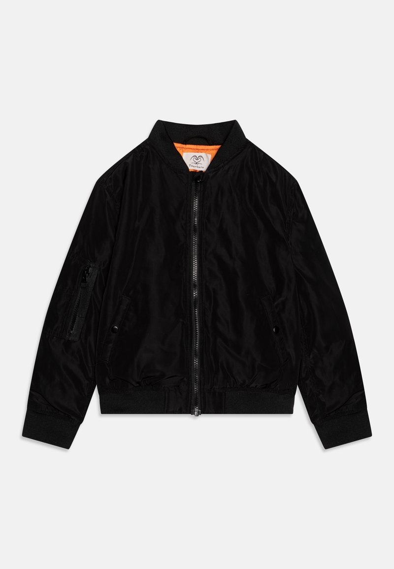 Veste bomber noire avec fermeture éclair à l'avant, deux poches à rabat avec bouton-pression, poche zippée sur la manche, col côtelé, poignets côtelés et doublure intérieure orange.