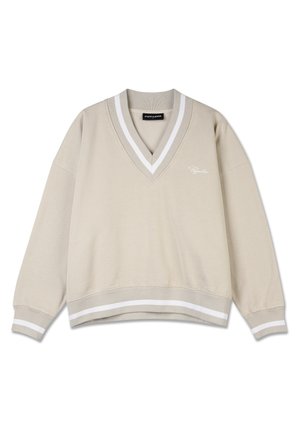 Beige v-neck sweatshirt with white stripes on the collar and hem. Made of soft material, featuring a relaxed fit and embroidered logo on front.