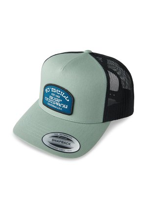 Groene snapback pet met zwarte mesh achterkant, met een blauwe patch met witte tekst waarop "O'Neill Surf Company" staat en een ronde logotag.