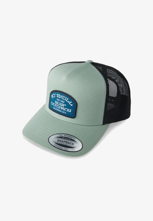 Groene snapback pet met zwarte mesh achterkant, met een blauwe patch met witte tekst waarop "O'Neill Surf Company" staat en een ronde logotag.